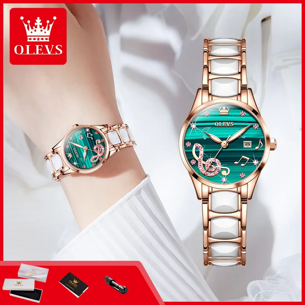 OLEVS 3605 Original Quartz Watches for Women Fashion Musical Note Design Luxury Elegant Ceramics Strap Waterproof Ladies Watch
