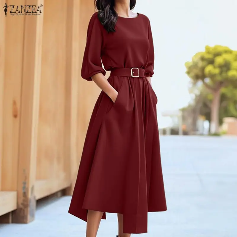 فستان ZANZEA للسيدات أنيق للحفلات ملابس الشارع الشهير 3/4 كم بحزام قميص طويل غير رسمي رداء ربيعي سادة موضة فستان الشمس OL #1