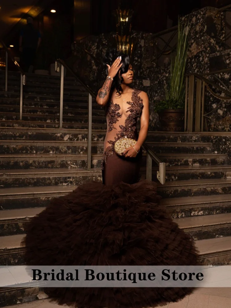

Brown Prom Dresses 2026 Luxury Black Girls Diamonds Ruffles Wedding Party Birthday Graduation Evening Gown Customized