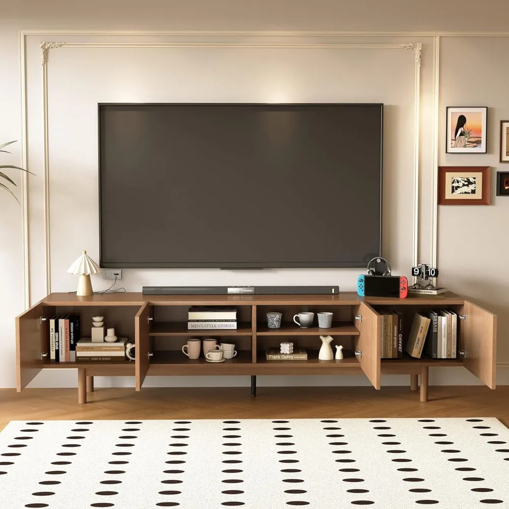 حامل تلفزيون حديث من منتصف القرن مقاس 86.61 بوصة، مركز ترفيه من خشب الجوز لأجهزة التلفاز حتى 85 بوصة، وحدة تحكم للوسائط مع خزائن تخزين