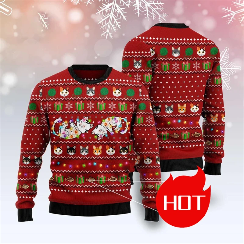 

Funny Cat Graphic Men Ugly Christmas Sweater Autumn Winter Crew Neck Sweatshirts 3D Printed Casual Xmas Holiday Wear Pullovers