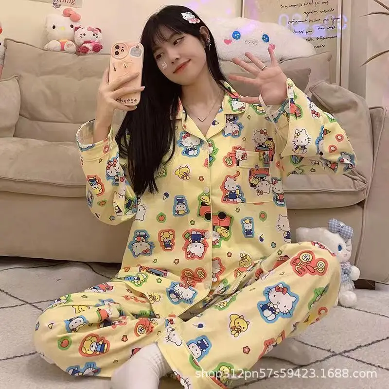 

Cute Hello Kitty Girls Crape Cartoon Pajama Sets Sleep Short Sleeved Summer Sweet Women's Outerwear Pajamas Suits Nightwear Home