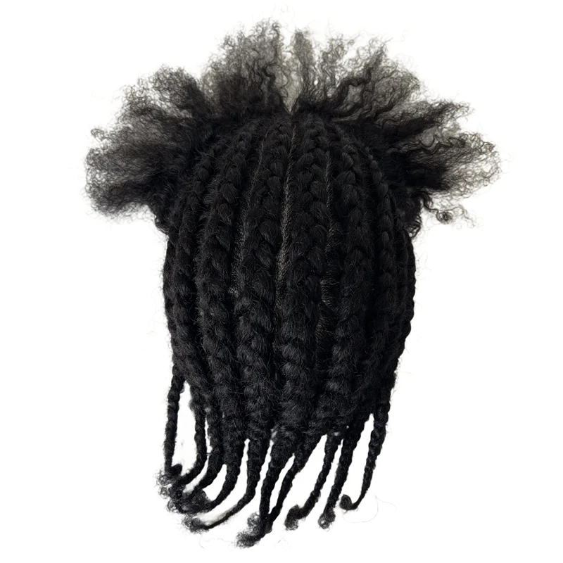 Brazilian Virgin Human Hair Replacement 1# Jet Black Color Cornrow Braids Unit 8x10 Full PU Toupee for Black Men