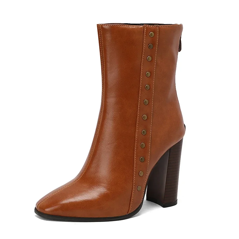 Bottines modernes à bout carré pour femmes, grande taille, 22-28cm, chancelier, denim, fermeture éclair arrière, talon épais, rivet, automne, hiver, nouveau, 2024