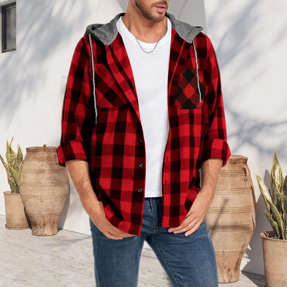 

Men Holiday Shirt Men's Plaid Print Hooded Shirt Coat for Daily Wear School Long Sleeves Drawstring Single-breasted Fall Spring