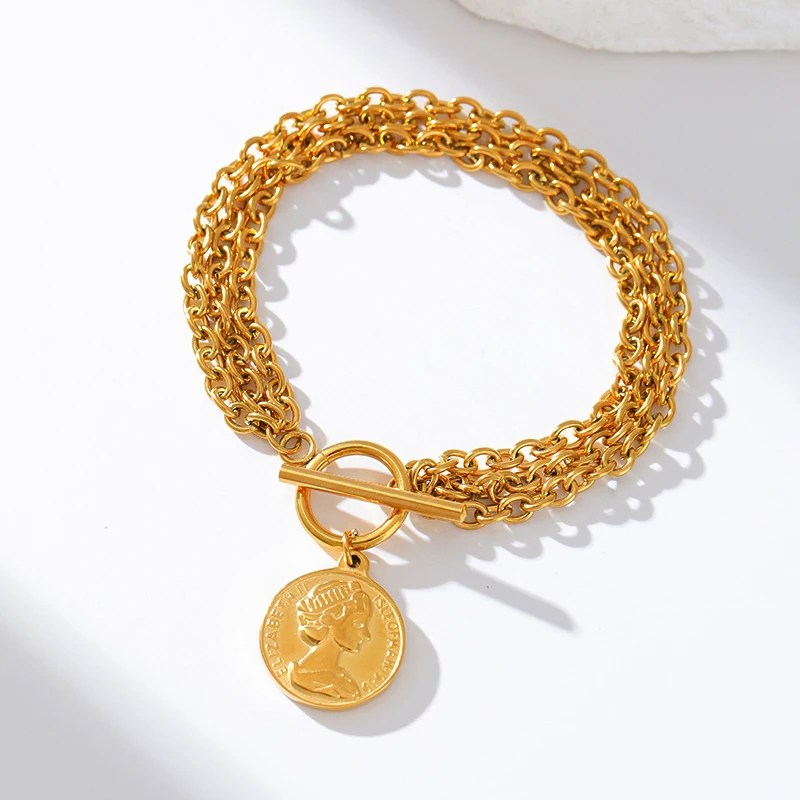 EILIECK 316L Stainless Steel Gold Color Portrait Coin Charm Bracelet Trendy Wrist Chain Jewelry For Women Girl Holiday Gifts