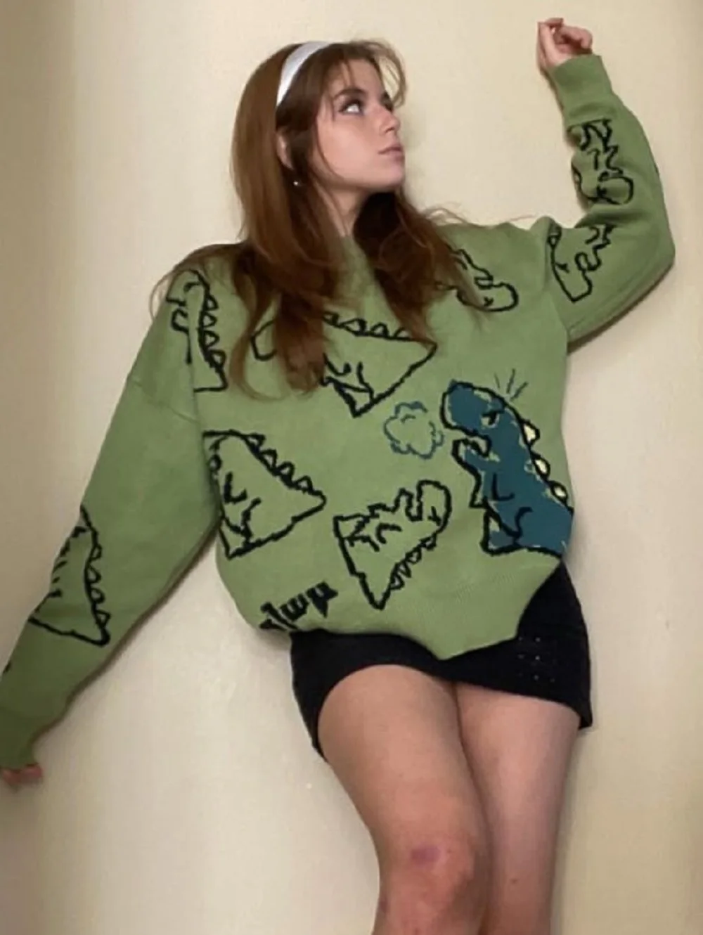 Y2K Oversized Dinosaur Pattern Knit Sweater - Unisex Casual Loose Long-Sleeve Pullover for Couples