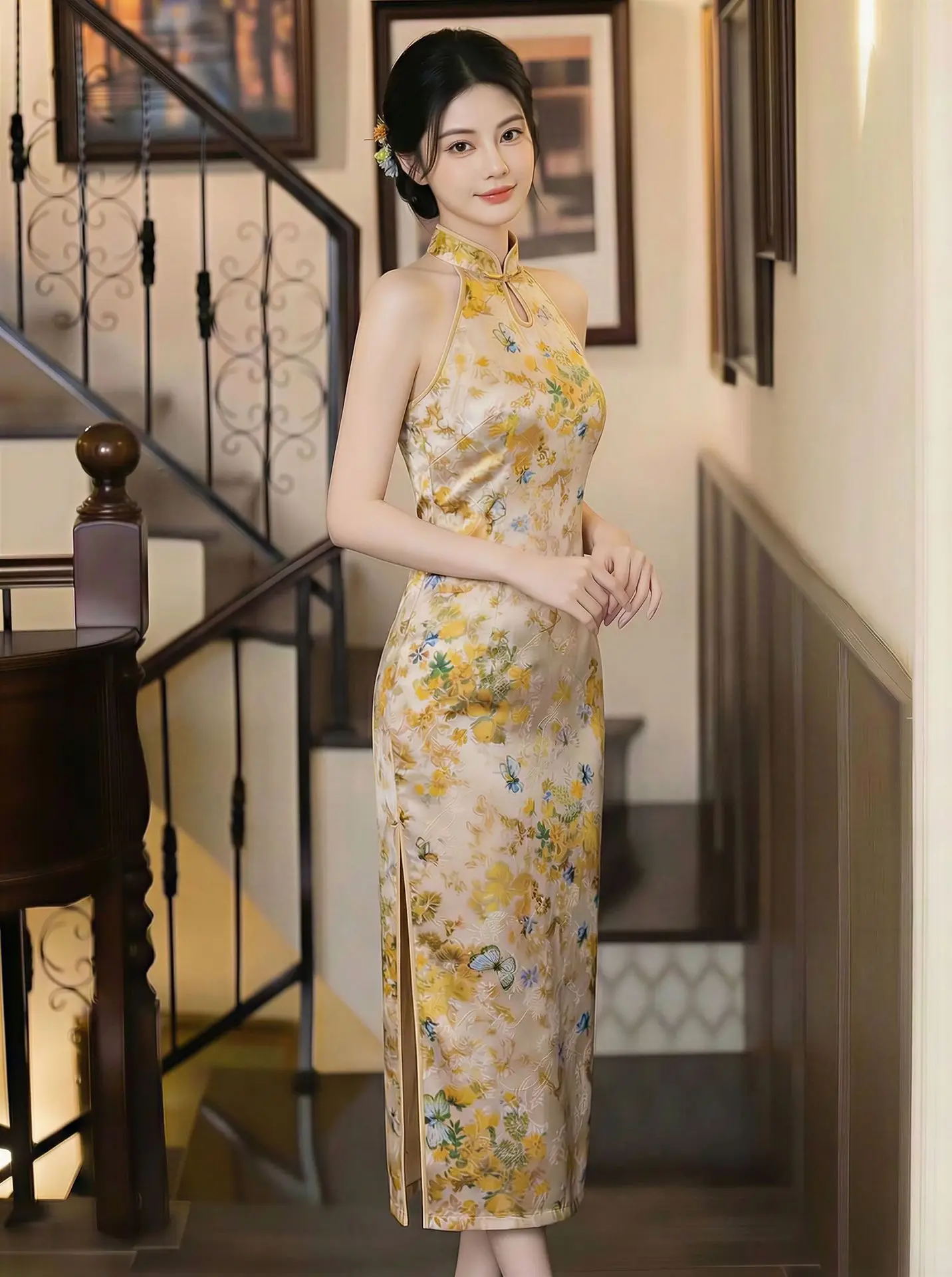 

Sexy Off-Shoulder Sleeveless Chinese Style Long Cheongsa Improved Female Butterfly Qipao Summer Evening Dress