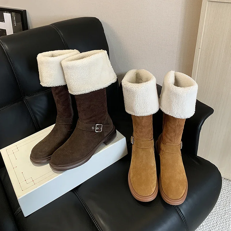 Bottes de neige hautes en daim de vache pour femmes, chaussures chaudes, bottes modernes en peluche, fermeture éclair latérale, boucle longue, 2022-25cm, hiver, nouveau, 2023