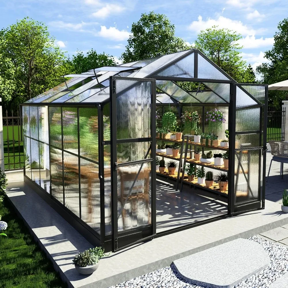 

8x12x7FT Polycarbonate Greenhouse, Walk in Greenhouse with Quick-Connect System, Green House with 4 Vent Windows