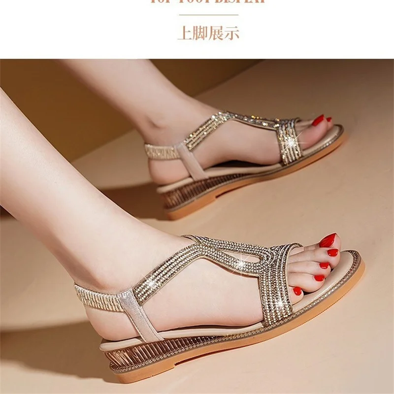 2023 New Summer Fashion Women\'s Shoes Open Toe Shoes Simple and Elegant Casual Sandals Solid Crystal Flat Sandals