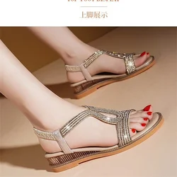 2023 New Summer Fashion Women's Shoes Open Toe Shoes Simple and Elegant Casual Sandals Solid Crystal Flat Sandals