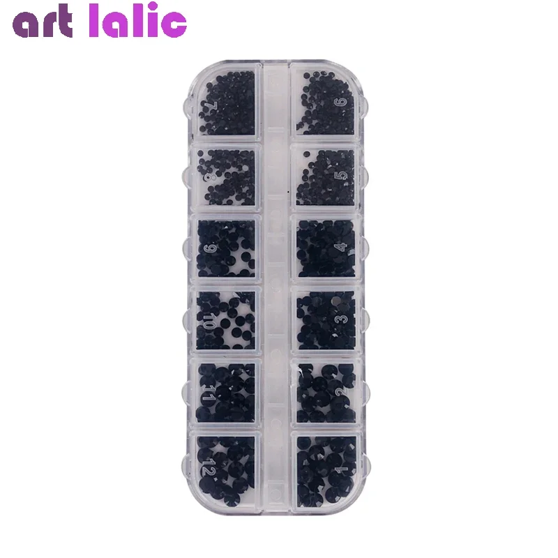 Multi-Size Black Rhinestone Crystals Flat Bottom Glass Gems Box for Manicure 3D Decoration DIY Craft