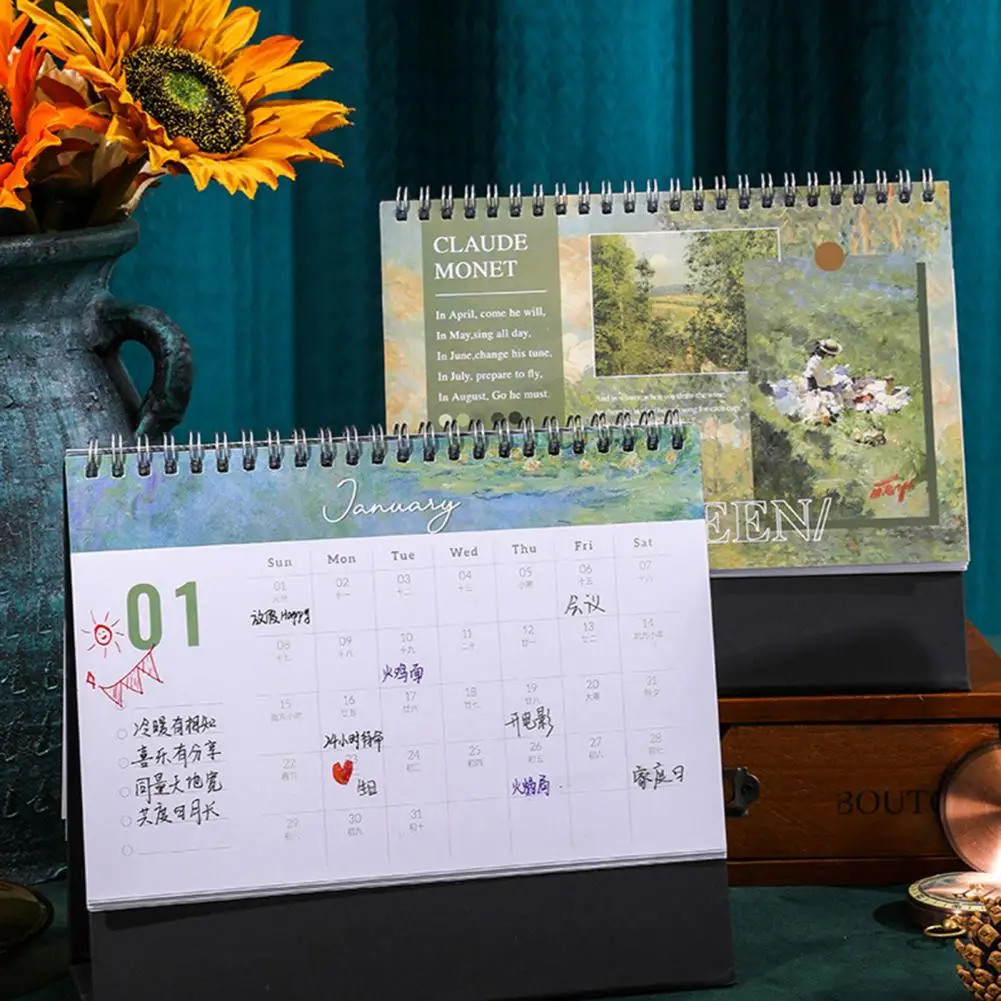 2024 Desk Calendar Oil Painting Pattern Turn Over Design Schedule Planner Desktop Calendar Ornament