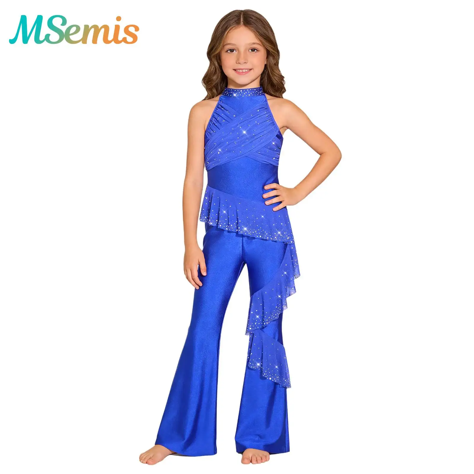 

Kids Girls Disco Jazz Dance Jumpsuit Performance Costume Sparkling Rhinestones Ruched Ruffles Bell-Bottom Bodysuit Dancewear