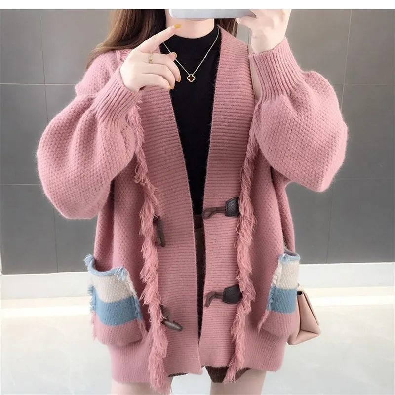 

Korean Fashion Streetwear Button Knitted Cardigan Women Autumn Long Sleeve Sweater Female Loose Tassel Knitwear Tops Tide G3012