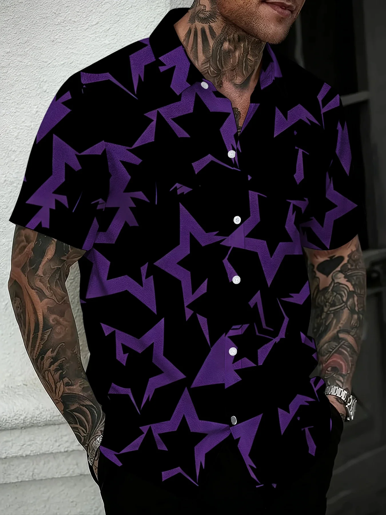 Dark Style Irregular Purple Star Mens Shirt, Regular-fit All-over Star Graphic Short-sleeve Button-up Shirts for Daily Wear,