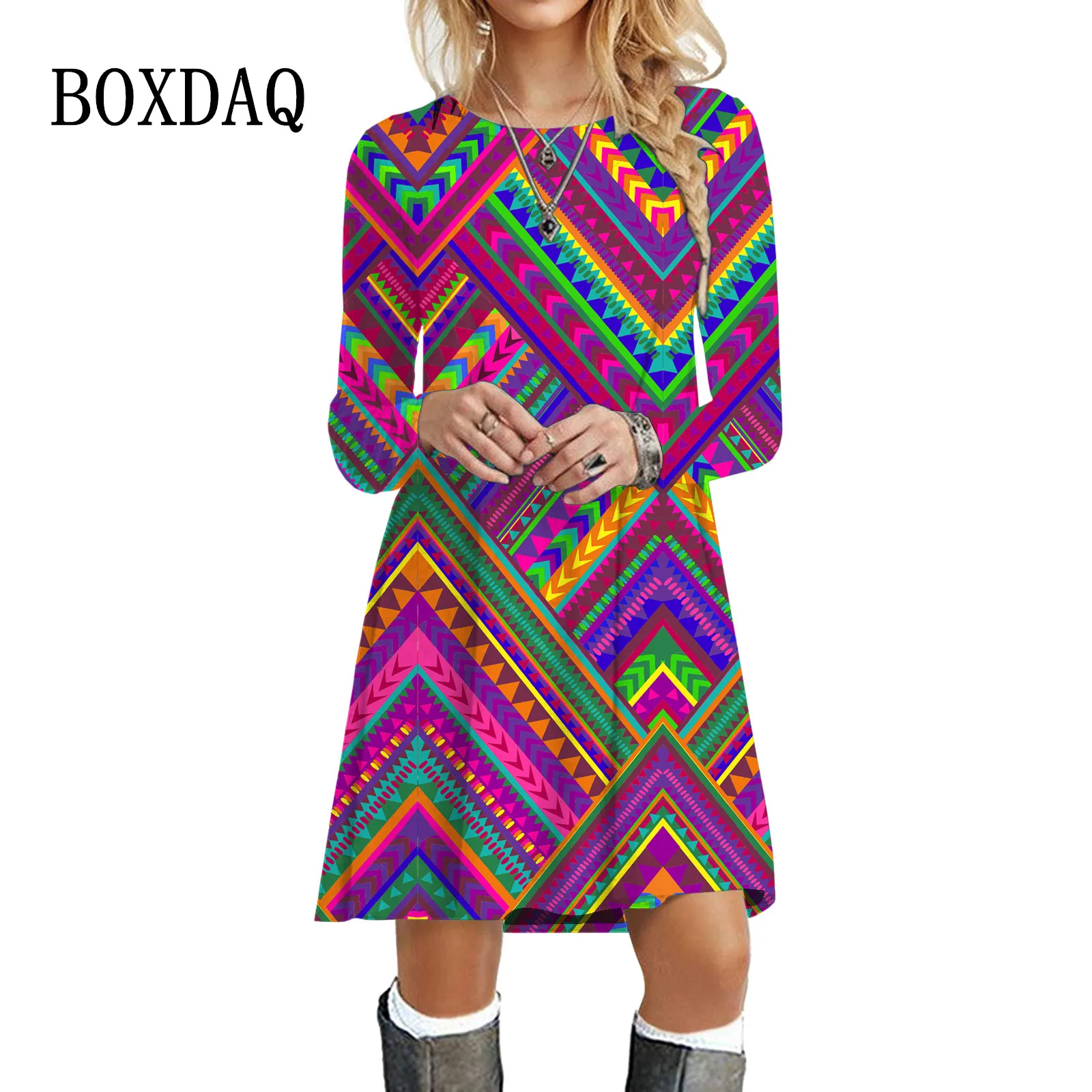 Rainbow Geometry Graph Women Dresses Elegant Fashion Streetwear Long Sleeve Casual Mini Dress Plus Size Vintage Boho Loose Dress