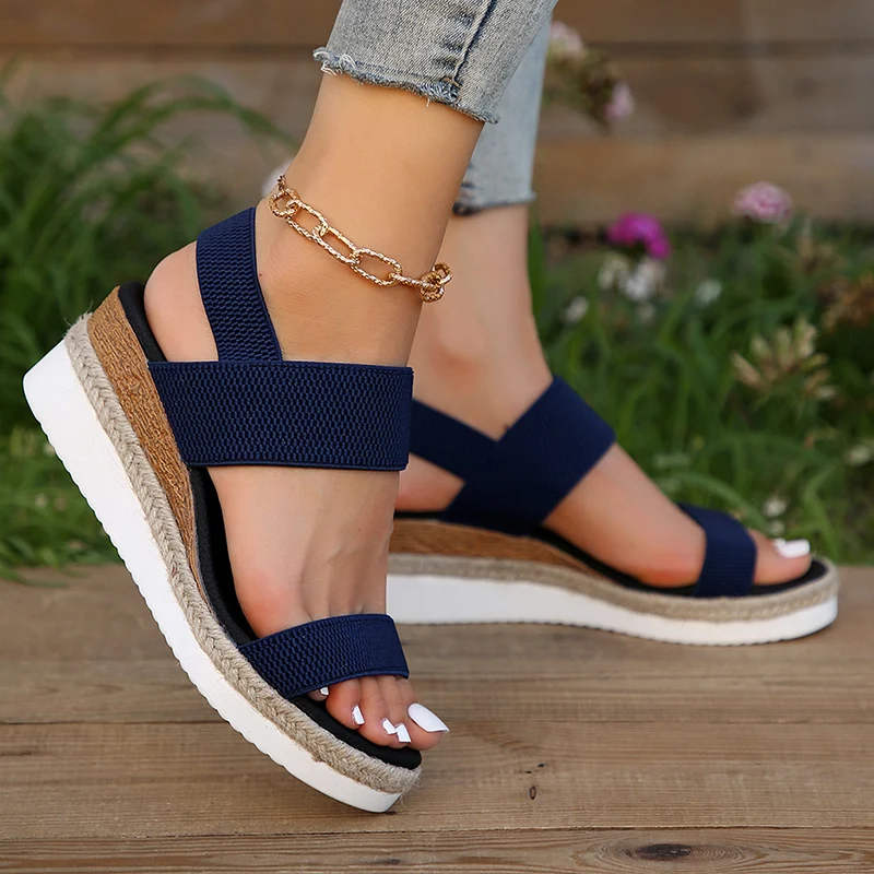 Stretch Fabric Knitted Wedge Sandals Women Back Elastic Band Platform Sandles Woman Super Size Summer Thick Sole Beach Sandalias