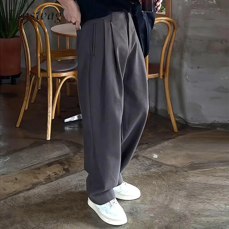 

Spring Summer New Casual Pants Mens Vintage Pure Color Pleated Straight Trousers For Men Trendy Loose Suit Pants Streetwear