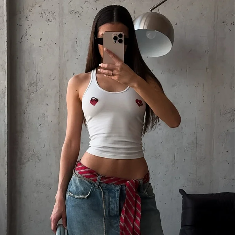 Y2K Gothic Women Tank Top Red Heart Metal Ring Piercing Decor U‑Neck Sleeveless Crop Top Slim Fit Casual Party Clubwear Female V