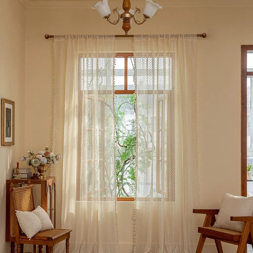 140m Lace Window Screening Boho Style Voile Tulle Curtains Retro Tassels Curtain Hollow Lace Blackout Curtains Home Decor