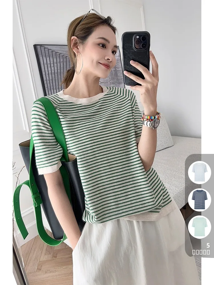 

MeiYang Matcha Layered T-irt Knitted ort Sve round Ne High Defn Line Commute Sle Cotton Blend Summer Top