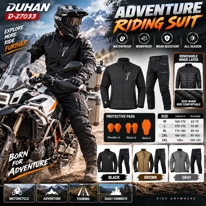 DUHAN Men's Motorcycle Riding Jacket Waterproof All Season Adventure Touring Jacket with Removable Liner Protective Pads