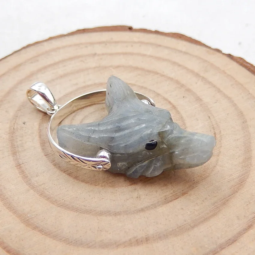 Wholesale 1pcs Fashion natural stone Labradorite Carved Wolf Head Sterling silver Pendant for jewelry making 22x16x8mm,3.9g