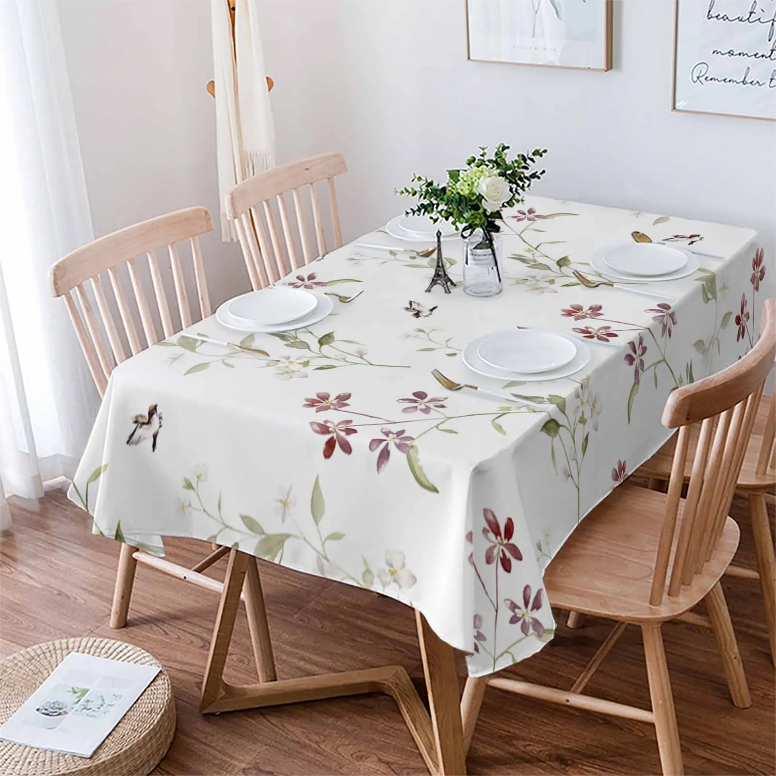 Flowers Animals Birds Leaves Watercolors Waterproof Tablecloth For Table Kitchen Decorative Coffee Cuisine Party Table Cover