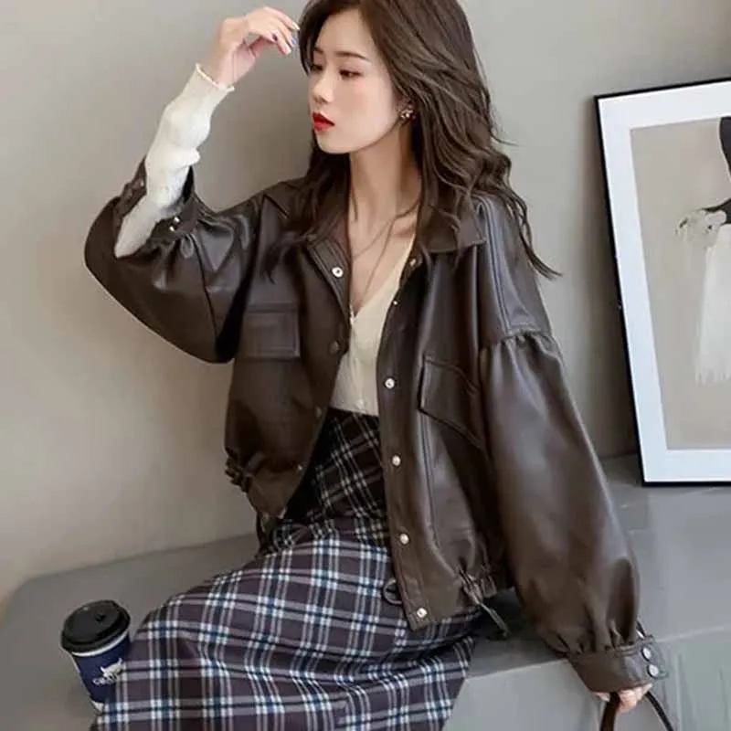 2025 koreanische Frauen Mode Kurze Revers Kragen PU Leder Jacke Tops Mantel Weibliche Neue Lose Anliegende Vielseitige Faux Leder Jacke