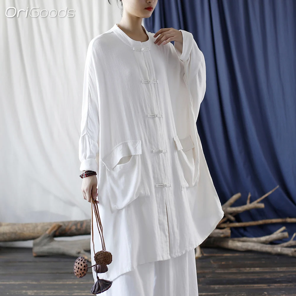 OriGoods Oversized Long Shirt Women Cotton Linen Batwing Sleeve Long White Shirt Coat Summer Autumn Woman Loose White Tops X054