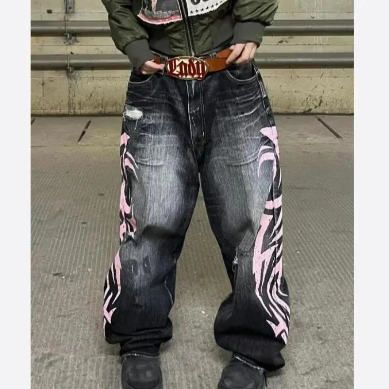 Deeptown Y2k Vintage Gothic Graphic Print Women Jeans Harajuku Washed Hole American Fashion Denim Pants Baggy Punk Streetwear