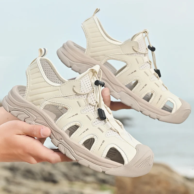 Sandalias de verano para hombre, zapatillas de playa hechas a mano, de cuero genuino, informales, antideslizantes, para exteriores, 2024