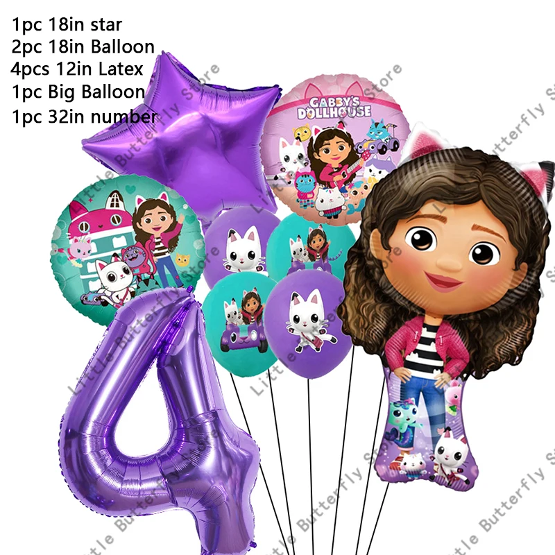 Casa de muñecas Gabby, globos con números de gatos, decoración para fiesta de cumpleaños para niños, globos de aluminio de látex, juego de globos