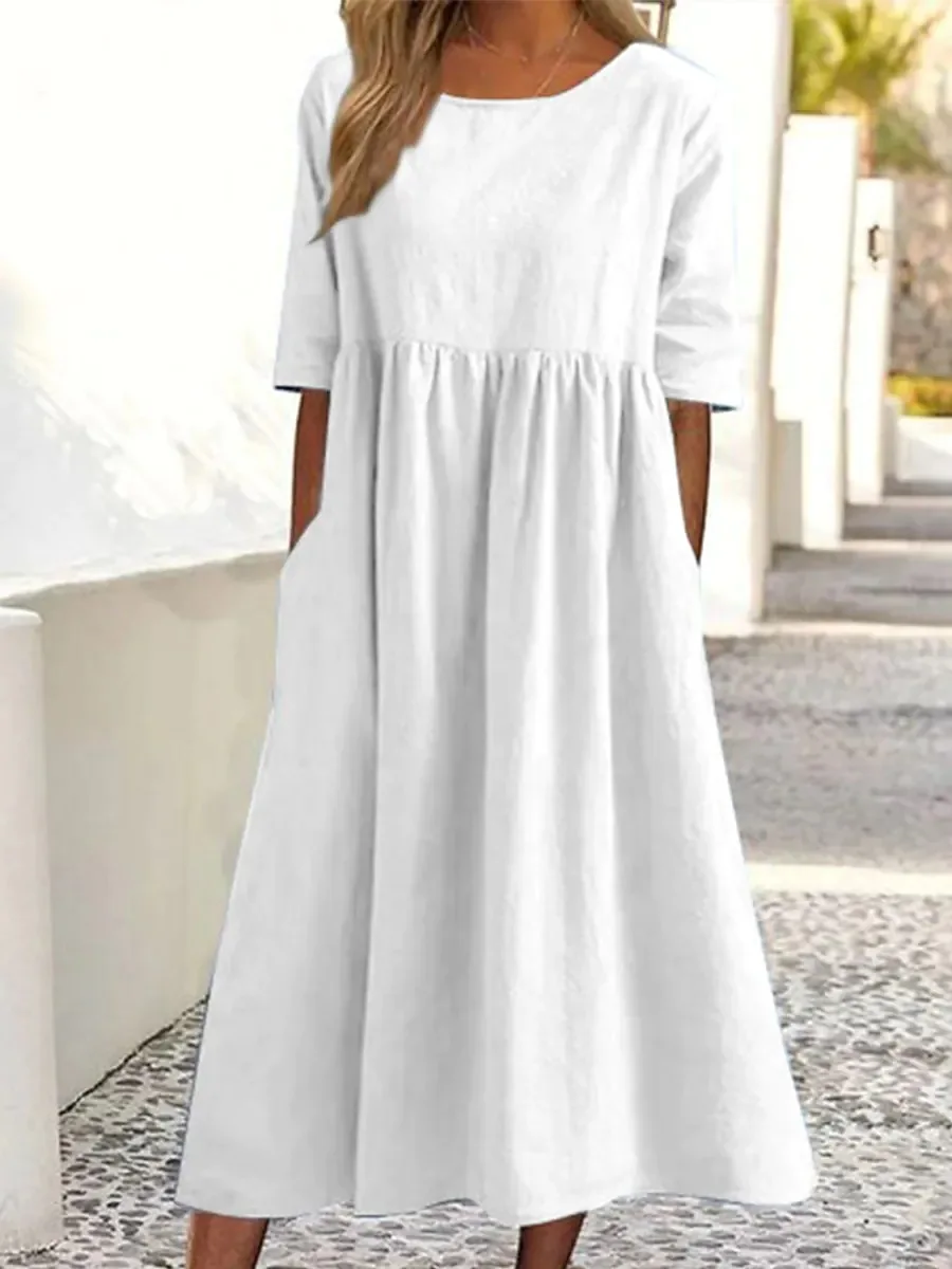 2023 new S-2XL Vintage Cotton Linen Women Dress Casual Loose O-Neck Short Sleeve Fashion Maxi Dresses Vestidos Mujer