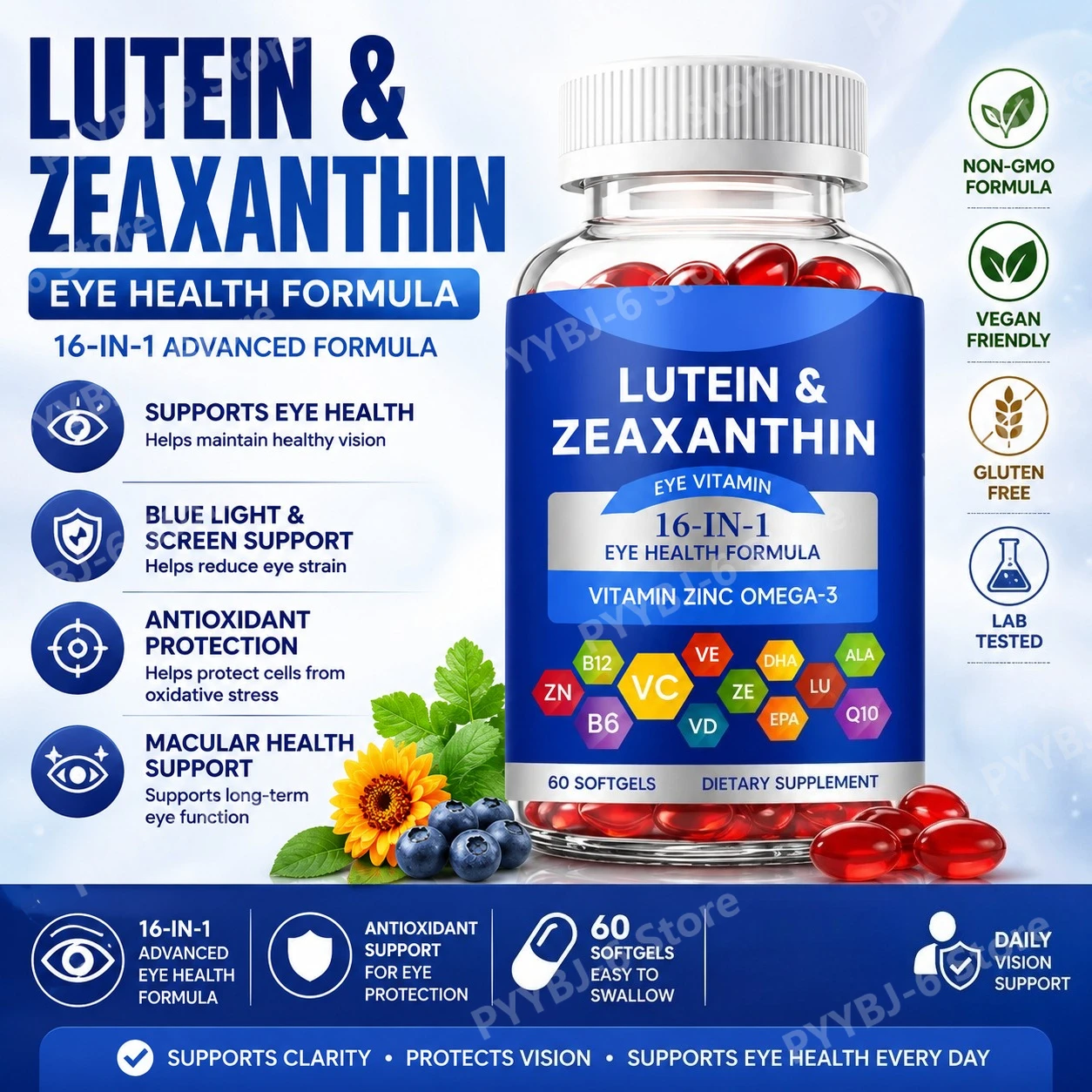 

16-in-1 Lutein Zeaxanthin Eye Support with Omega-3 60 Softgels for Vision & Eye Health Supplement Non-GMO for Adult