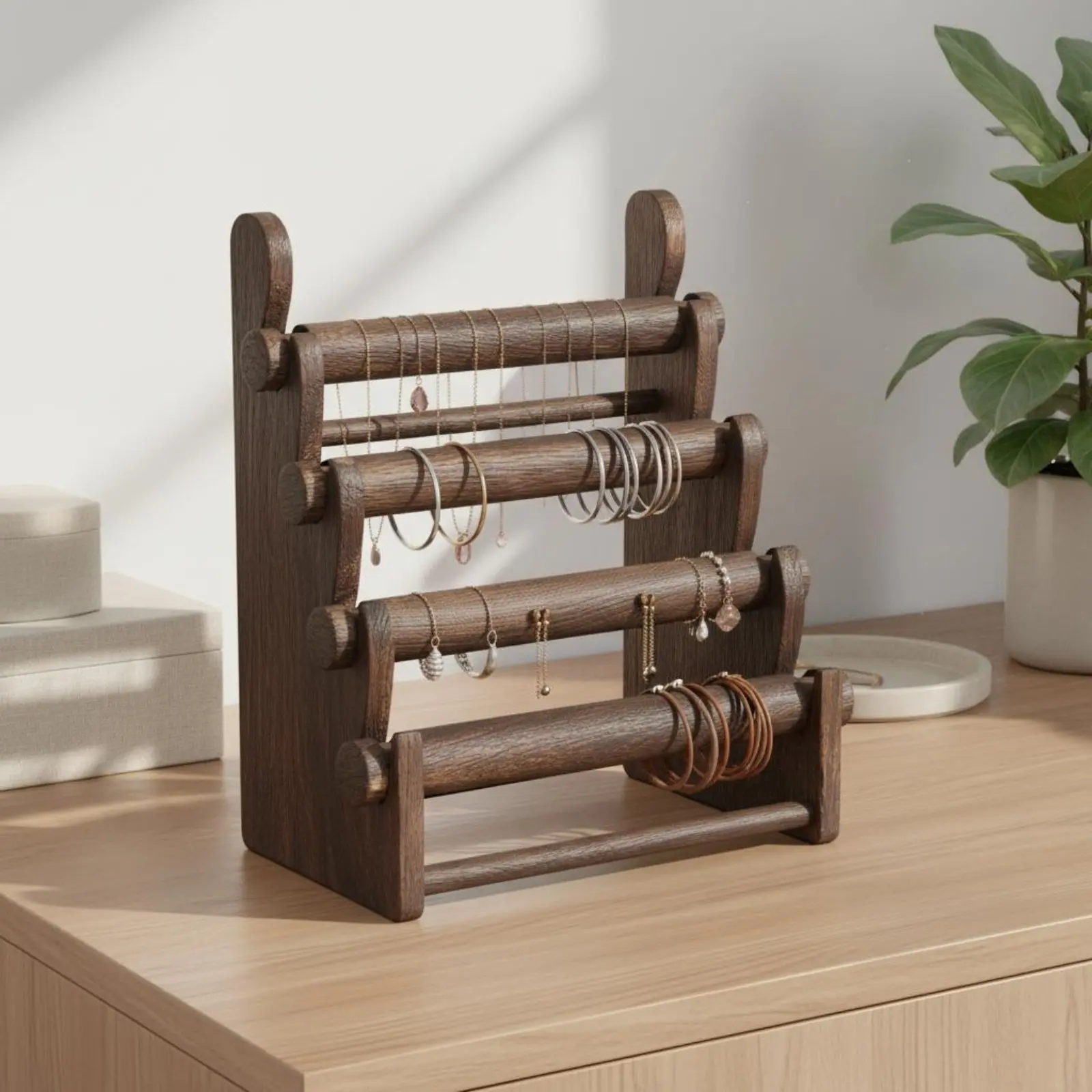 Wooden Jewelry Display Rack Multi-Tier Bracelet Display Stand Bangle Storage Rack Solid Wood Natural Materials for Tabletop