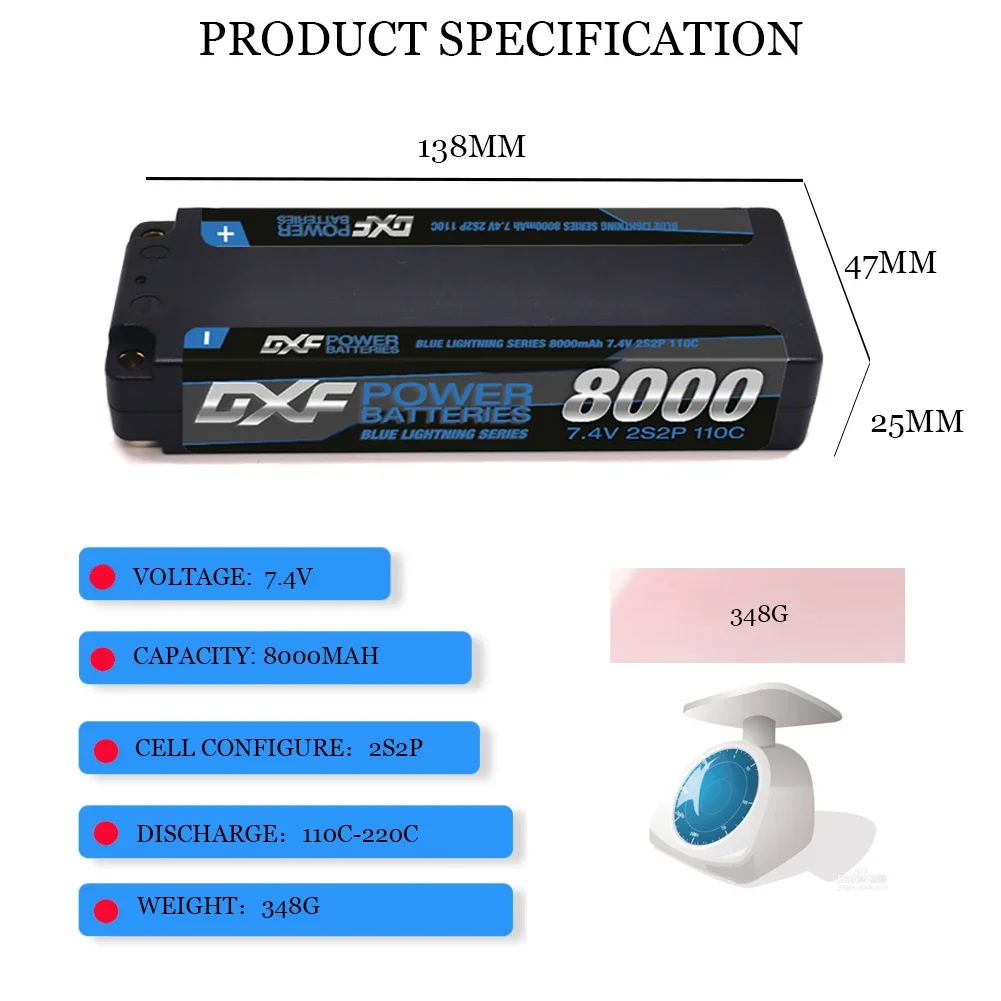 DXF 2S 7.6V 5mm Bullet Graphene 9200mah 8000mah 7200mah 8400mah 10000mah Lipo Battery Competition Short-Pack for RC 1/10 Car