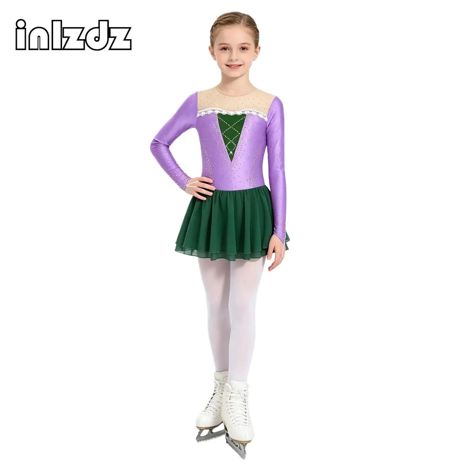 

Girls Figure Ice Skating Ballet Dress Stage Lyrical Dance Costume Tutu Skirted Gymnastics Leotards Rhinestone Princess Dancewear