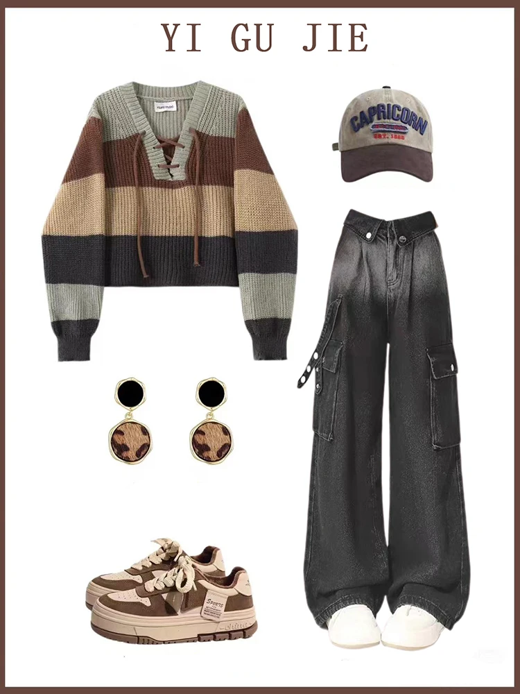 

Ретро-свитер женский в полоску с цветовыми блоками, с длинными рукавами, с высокой талией, осенняя новинка, модный топ с градиентным цветом, для работы