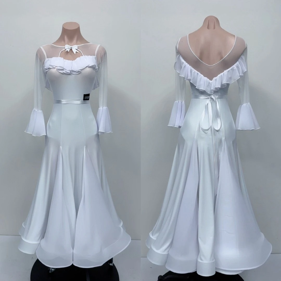 

Customized Size Ballroom Dance Clothes Fairy White Dress Large Fish Bone Hem Long Dresses Waltz Dance Perform Practice Clothing
