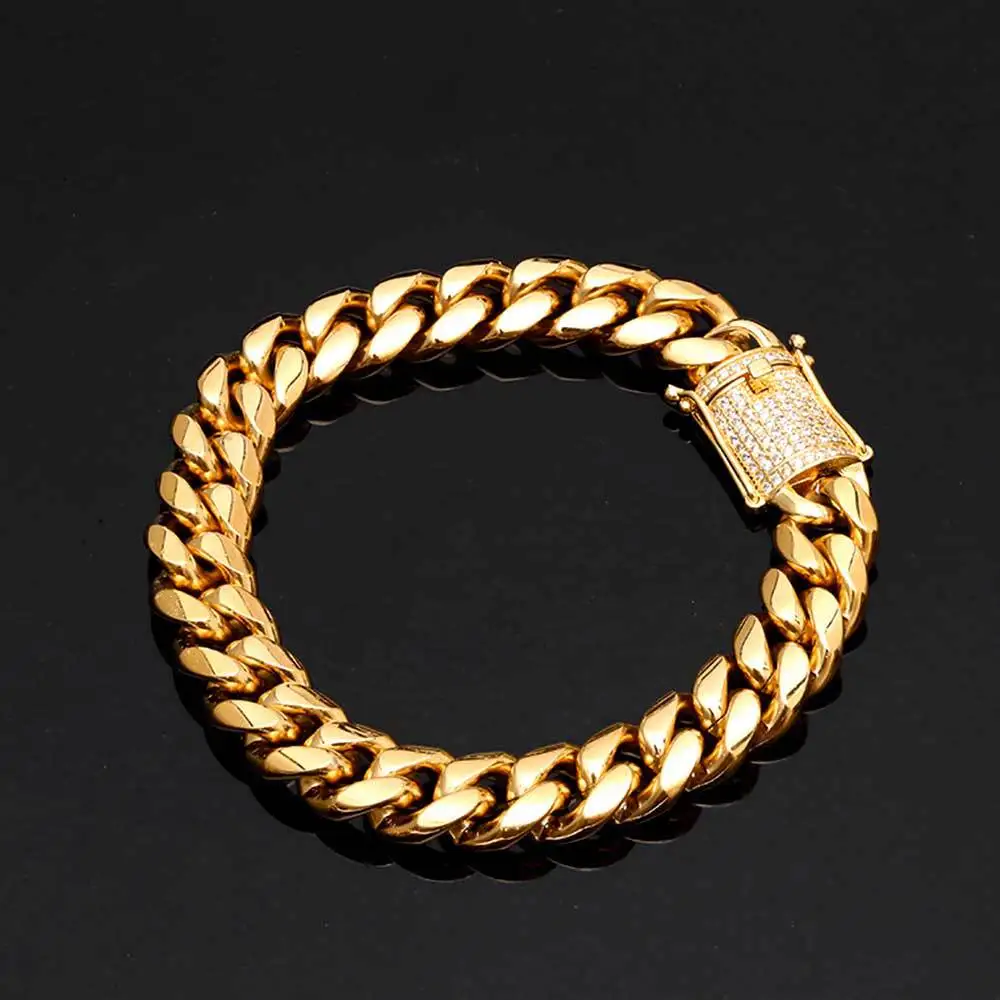 Luxury 24K 9999 Pure Gold real gold Hip Hop Wide 12mm Point Drilled Buckle Round Grinding Encryption Cuban Chain Men's Bracelet