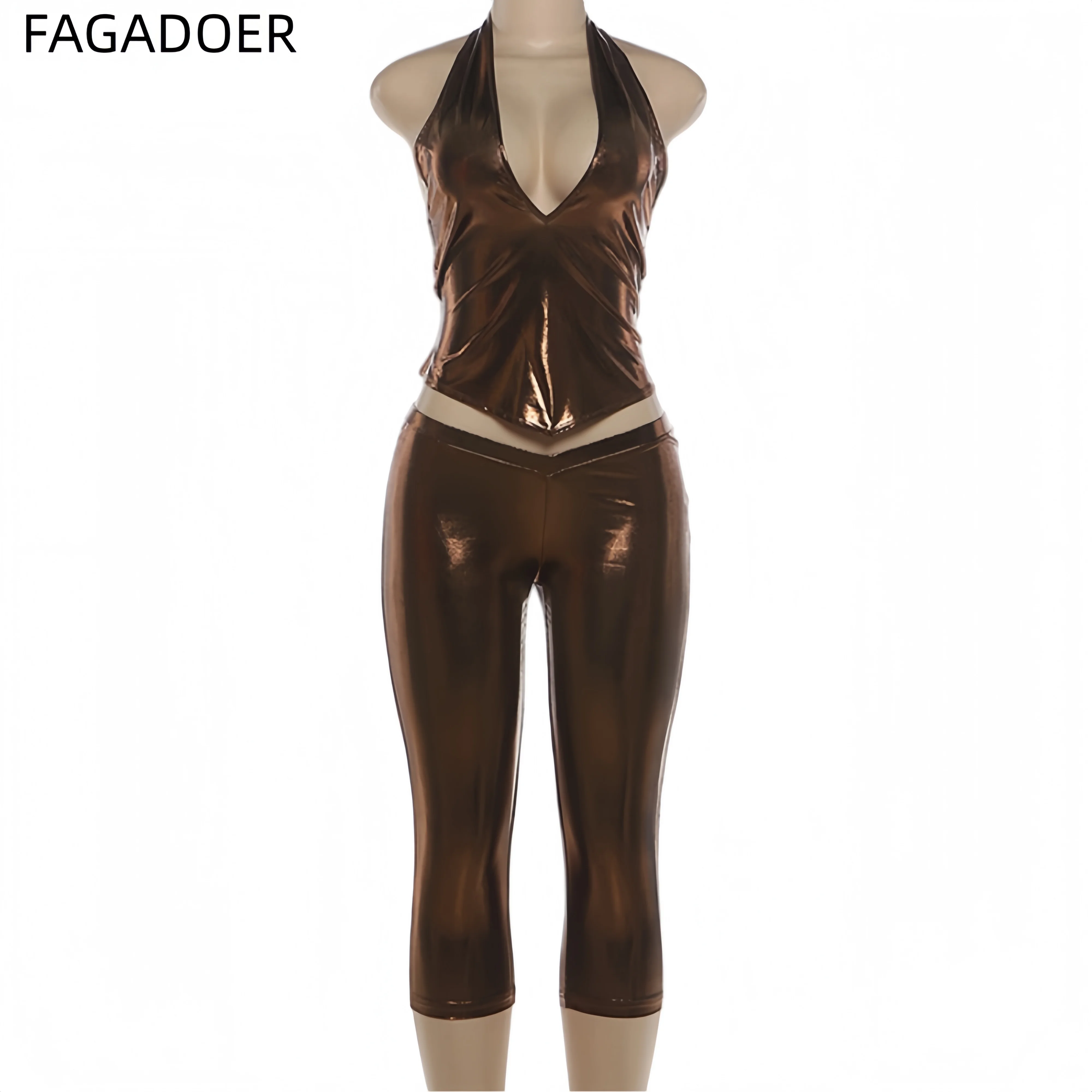 FAGADOER Women Metallic Two Piece Set Halter Deep V Top Low Rise Capri Pants Sexy Bodycon Y2K Party Clubwear Outfit - view 5