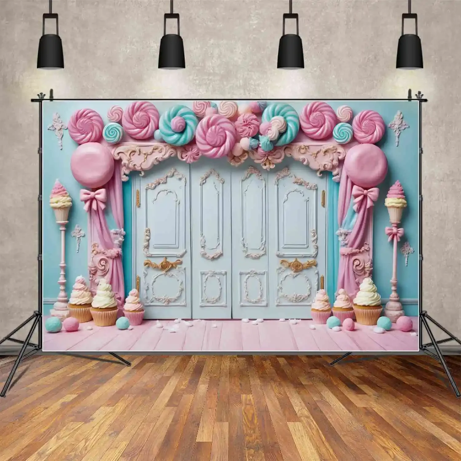 MOON.QG Backdrop Custom Princess Birthday Banner Background Girl Candy Baroque Pink Door Decorations Photozone Photography Props