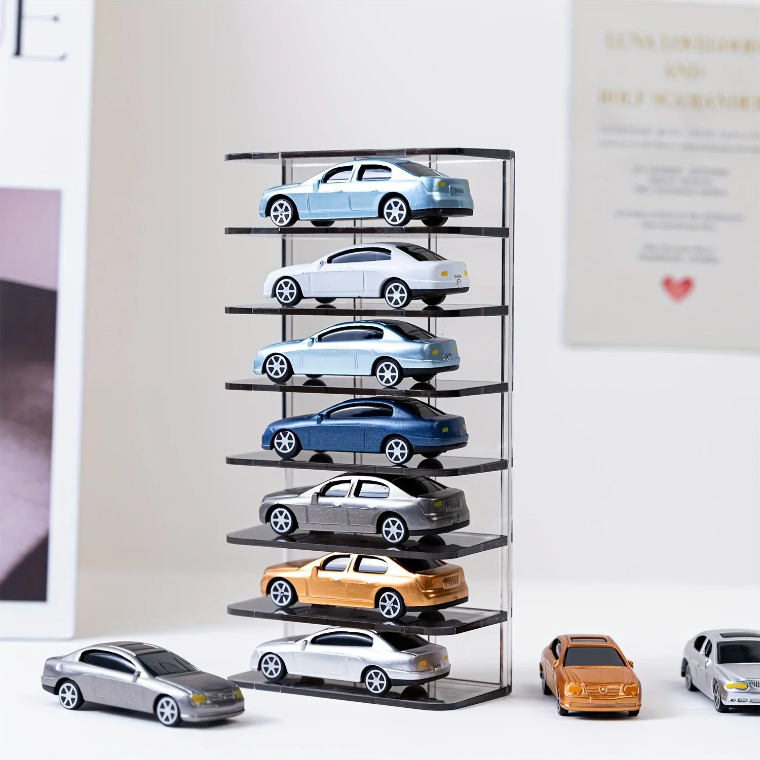 7-lagiges Mini-Automodell-Aufbewahrungsregal, mehrschichtiger Ausstellungsständer aus Acryl, Spielzeugauto-Desktop-Organizer für Kinder, vertikal gespeichert – Detail 3