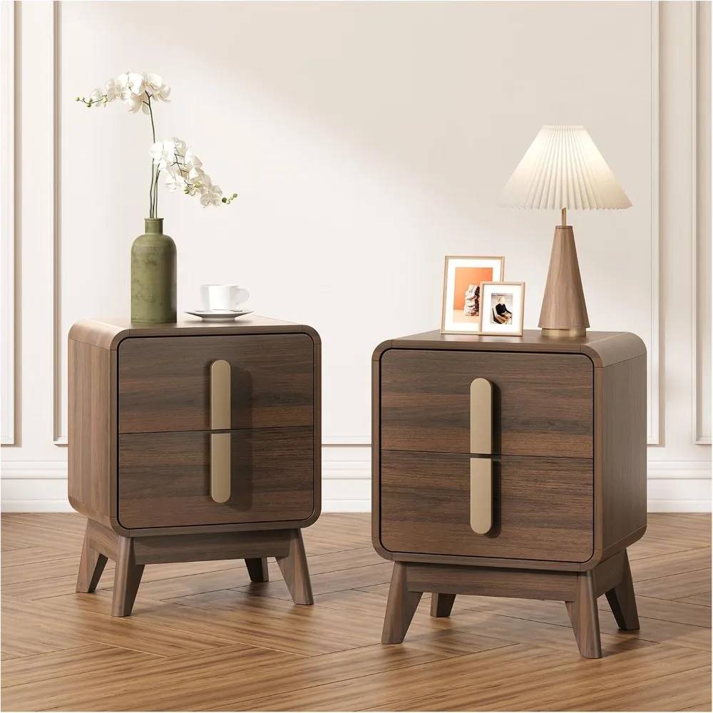 

Nightstand Set of 2, Mid Century Modern Bedside Table with Drawers & Metal Handle, Curved Profile Brown End Table with Storage.