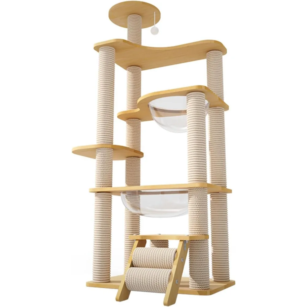 

Cat Climbing Frame Multiple Grinding Scratching Posts Height 57.6'' with Auxiliary Ladder Hanging Ball Two Comfortable Resting P