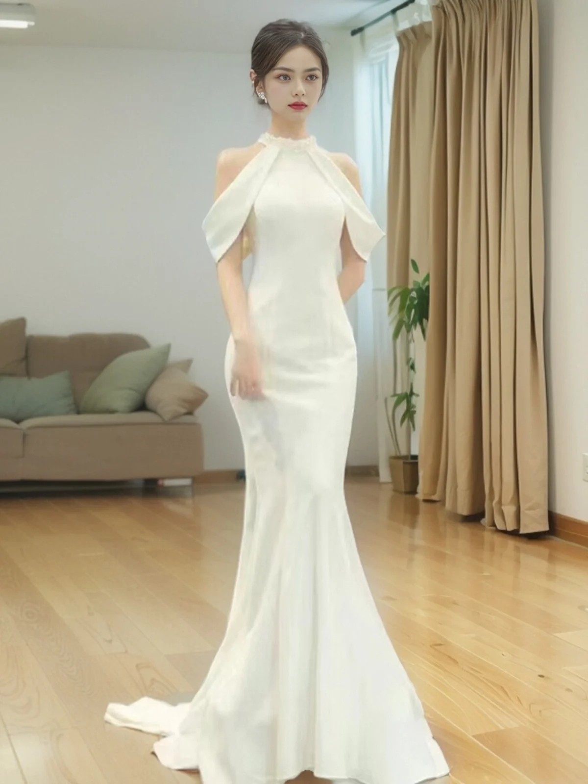 

White Hanging Ne Fi Tail Wedding Dr Long Evening Gown for Bride Studio Theme Wedding Host Dr Faionable Sle