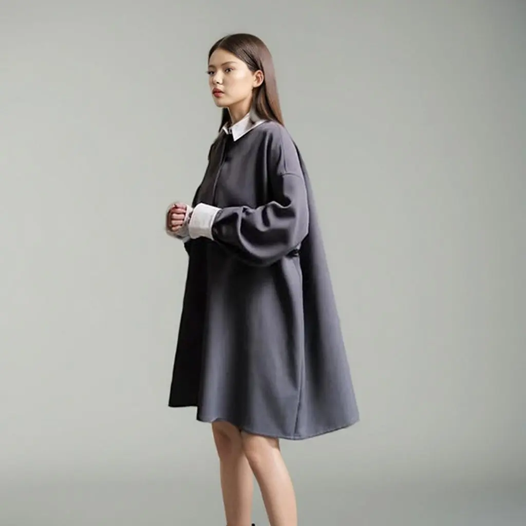 

Summer Japanese Style Lazy Dress Literary Retro Work Clothing Loose Large Size Shirt Dress with Contrast Collar for Women